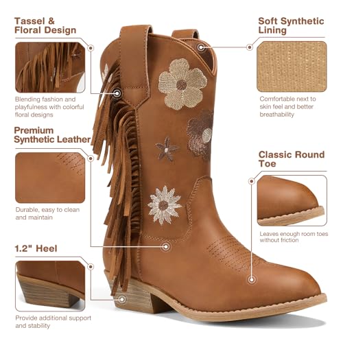 Rollda Girls Cowboy Boots, Cowgirl Boots with Tassel, Floral Embroidered Kids Western Boots for Toddler/Little Kid/Big Kid2