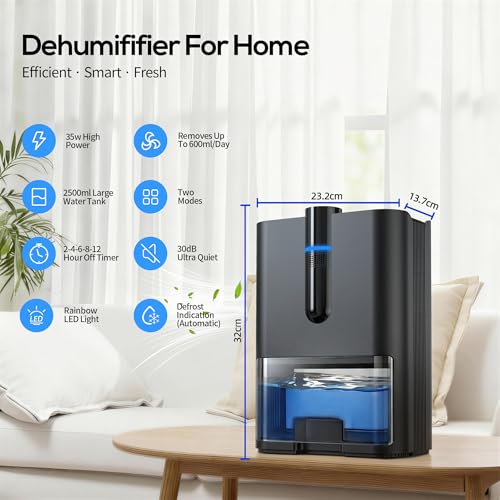 Deshumidificador, 2500ML Deshumificadores de Humedad para el hogar, Deshumidificador Silencioso con Manguera de Drenaje, Apagado Automático, Modo Reposo, Dehumidifier para Dormitorio, Armario, Baño - imagen 6