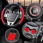 6 Pieces Steering Wheel Cover for Women Diamond Leather Car Seat Belt Shoulder Pads Cup Holder Insert Coasters Rhinestone Ring Sticker Emblem with Crystal Rhinestones Car Decoration (Red)