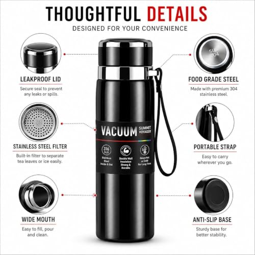 Image of Stainless Steel Vacuum Insulated Water Bottle | Double Wall Flask for Hot & Cold Beverages | Leakproof Travel Bottle for Office, Gym, School & Outdoor | Silver | (Black, 800 Ml)