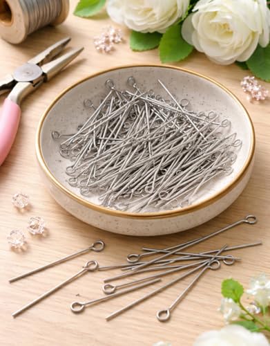 Image of Tia Crafts Eye Pins for Jewellery Making, Earrings & DIY Crafts | Metal Eye Pins with Loop for Beads & Charms | Pack of 300 (Silver)