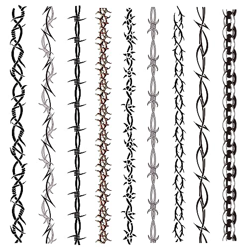 9-Sheet Variety Pack of Large Barbed Wire Temporary Tattoos, Long Barbed Wire Armbands Tattoo Stickers for Adults Kids (1.2x13.3 Inches)