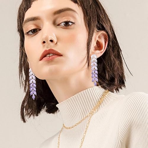 Gradient Crystal Long Chandelier Tassel Dangle Earrings for Women Rhinestone Leaf Drop Statement Earrings4