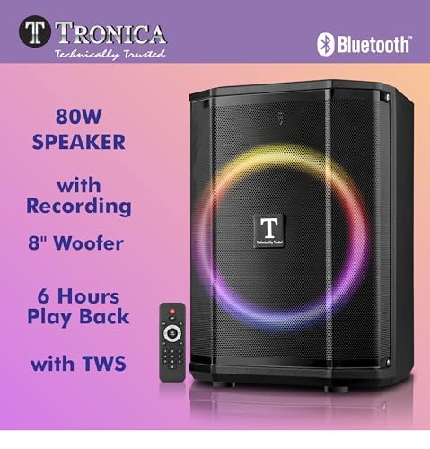 Image of TRONICA 8 inch Thunder Vibra 80W TWS Party Speaker | Professional Circuit & Innovation Better Sound | 2 Wireless Karaoke Mics, Recording, Remote, 6Hr Playback, Supports Bluetooth /USB /FM /AUX for PC /TV