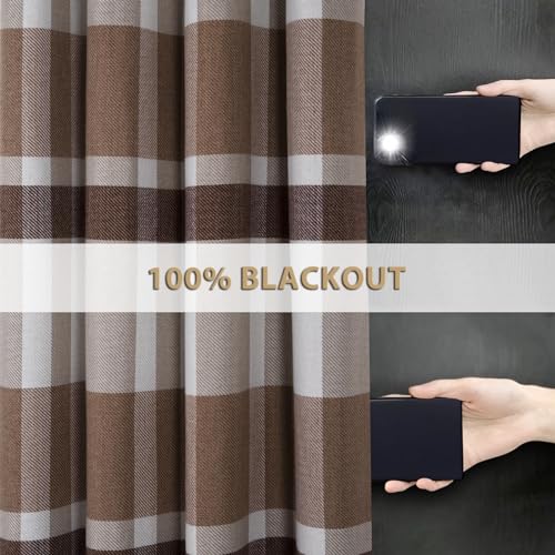 always4u 100% Blackout Curtains Check Eyelet Bedroom Tartan Curtain Plaid Woven Brushed Cheque Pair of Highland Woolen Look Window Treatment for Living Room Brown 46 * 54 Inches - Image 4