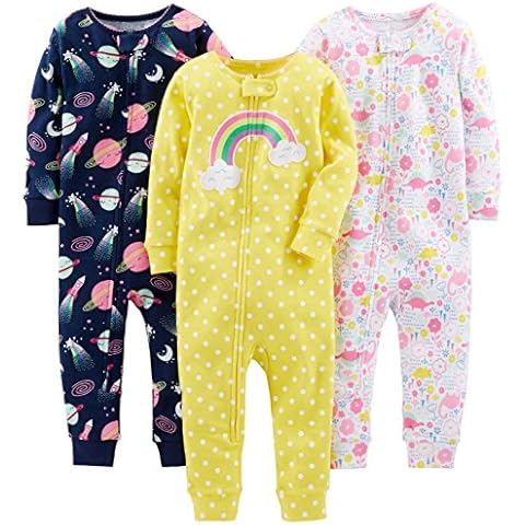 Simple Joys by Carter's Baby Mädchen Pyjamaset aus Baumwolle, ohne Füße, Gute Passform, 3er-Pack, Dinosaurier/Weltraum/Regenbogen, 24 Monate Cover
