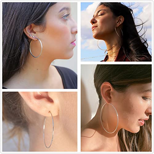 3 Pairs Silver Hoop Earrings-S925 Sterling Silver Hypoallergenic Large Hoop Earrings For Women Girls Valentine's Day Gift 30Mm/40Mm/50Mm #TOP3