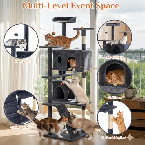 Image of Sweetcrispy 80 Inch Cat Tree Tower, Multi-Level with Cat Scratching Post, Indoor Cat Condo with Climbing Ladder, Plush Toy, Play House for Cat, Dark Grey