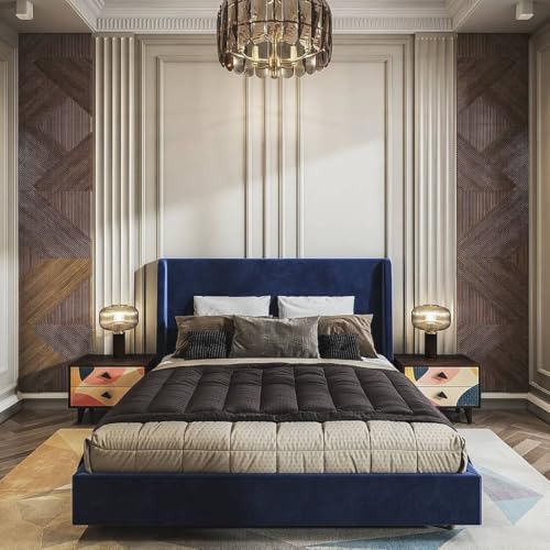 Image of Wooden Modern Upholstered King Size Bed for Bedroom | Wooden Double Bed Without Storage | Platform Cot Upholstered Bed with Upholstery Fabric | Engineered Wood | 6.5 x 6 Ft | Blue