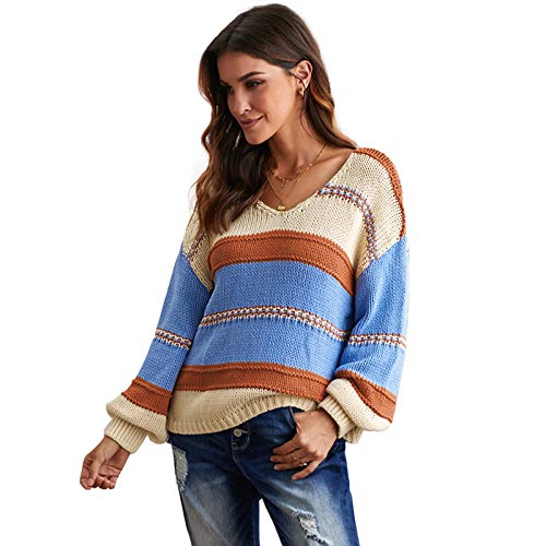 AIKENR Langer Damenpullover mit V-Ausschnitt, Strickpullover für Damen Gr. X-Large, blau Cover