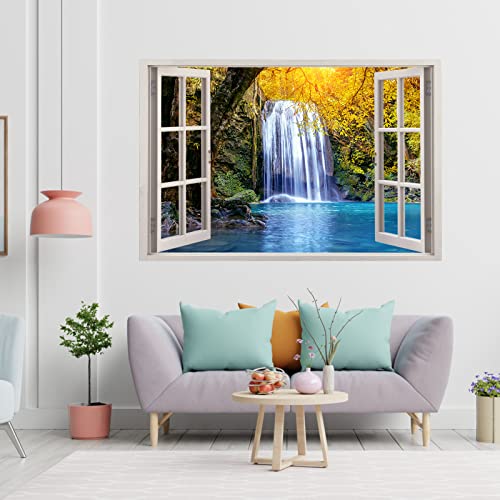 Forest Waterfall Fake Window Wall Stickers, 3D Faux Window Mural, Suitable For Living Room, Bedroom, Dining Room Home Window Pictures Wall Decor, Peel And Stick,23.6”×35.4” #TOP4