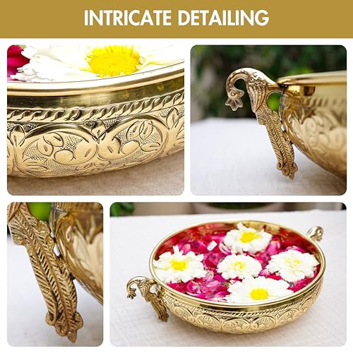 Image of BEHOMA Ethnic Peacock Carved Brass Urli Bowl, 9.5 inch | Ethnic peacock-carved brass urli bowl, 9.5 inch; golden centerpiece for Diwali & Navratri decor, 1000ml.