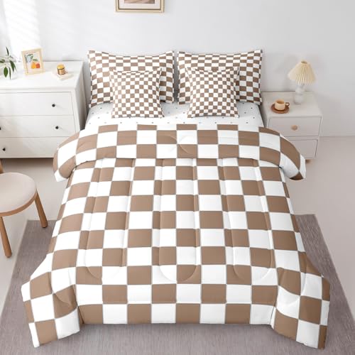 Image of Erosebridal Geometric Checkered Twin Bed in A Bag 7 Piece White Khaki Checkerboard Grid Bedding Set,Buffalo Plaid Gingham Comforter Set with Sheet for Kids Adults Men Geometrical Bed Set
