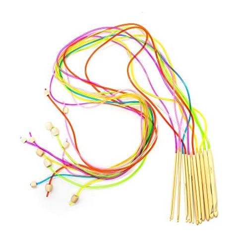 AUEAR, Set of 12 Size Bamboo Knitting Needles Set Tunisian Afghan Crochet Hook with Plastic Cable 3mm to 10mm Carpet Rug Weave Knitting Carbonized Needles (Multicolor) Cover