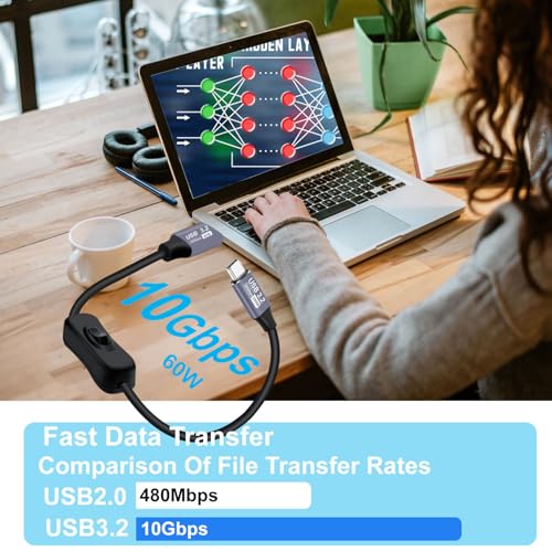 YINGAYOU Kabel USB C Przełącznik Kabel USB 3.2 typu C Szybkie ładowanie 60 W 3 A Szybki transfer danych 10 Gb/s, do laptopów, komputerów PC, telefonów, samochodów (Czarny, 0,5 m)