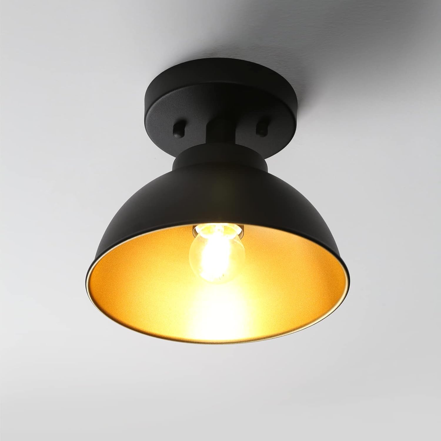 Pathson Metal Flush Mounted Ceiling Lighting, Vintage Matte Black Ceiling Light Fixture, Hardwire E26 Base Ceiling Lamp for Living Room Hallway Loft Kitchen Bathroom Close to Ceiling