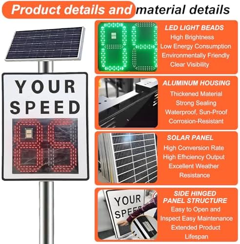 Solar Speed Feedback Sign with Wireless Remote Control, Radar Overspeed Alert for 4 Lanes, 20x28in Display for Parking Lots & Residential Areas - Enhance Safety!