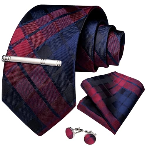 Image of DiBanGu Plaid Ties for Men Silk Checkered Necktie and Pocket Square Cufflinks Tie Clip Set with Gift Box for Wedding Business