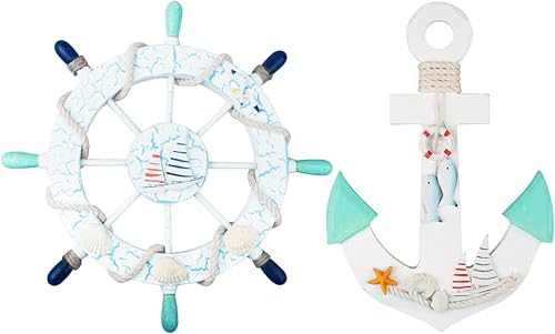 Miniatura 11 de Paquete de 2 Timón de Barco de Madera Náutico de Playa de 13" y Ancla de Madera de 13" con Cuerda Volante de Barco Náutico Timón Ancla Arte Retro