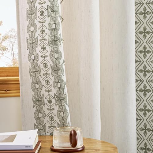 NICETOWN Sage Green 84 inch Long Linen Curtains Floral Embroidered - Gorgeous Drapes for Airy Living Room, Boho Style Bronze Grommet Heavy Linen Beaut