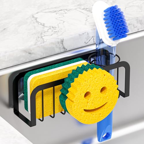 Sponge Holder for Kitchen Sink, Sink Caddy Organizer with Smiley Face, Dish Soap Holder Rack for Kitchen with Suction Cups/Adhesive Strips, Design for Sponge, Soap, Dish Brush, Scrubber, Stoppers