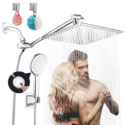Luxsego High Pressure Shower Head Combo with Handheld Spray, 10'' Stainless Steel Rainfall Showerheads with 11'' Extension Arm & Leak-proof 3-way Diverter, Anti-clog Shower Wand Built-in Power Washer