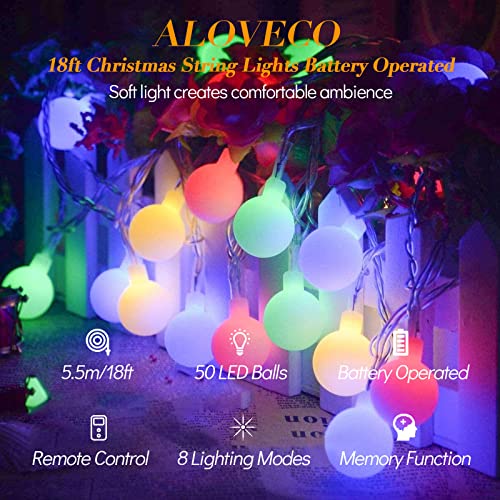 ALOVECO LED String Lights 18ft 50 LEDs Battery Operated String Lights with Remote 8 Modes Waterproof Globe Starry Fairy Lights for Outdoor Indoor Bedroom Garden Party Christmas Tree (Multicolor)2