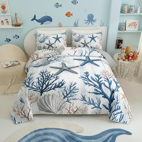 QOOMO Coastal Quilt Set Full/Queen Size,Starfish Coral Nautical Bedspread Coverlet Set,Ocean 3Pcs Bedding Set Printed Quilt with 2 Pillowcases,Soft and Lightweight,for All Seasons
