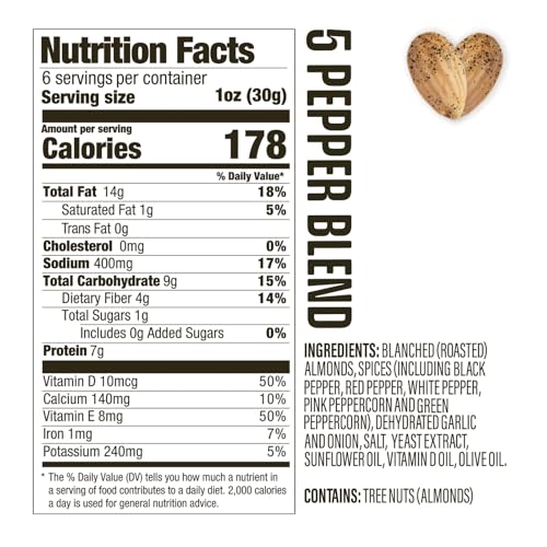 Image of AlmondRx | Heart Healthy Skinless Lightly Salted California Almond Snack Packs | Fortified with Vitamin D | Plant Protein | Keto | Vegan | No Sugar Added (6 Ounce (Pack of 1), 5 Pepper Blend)