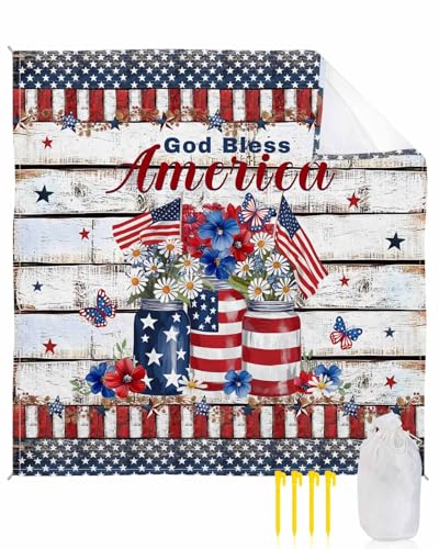 Beach Blanket Sandproof Waterproof Picnic Blankets American Flag Memorial Day Star Extra Large Lightweight Outdoor Beach Mat with Corner Pockets for Travel/Camping/Hiking Retro Board Striped Border