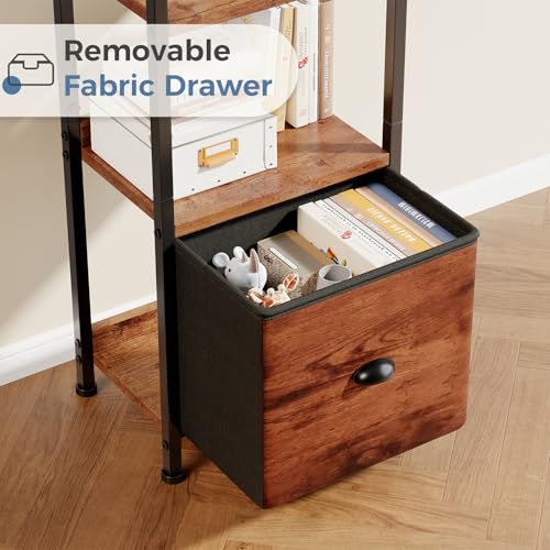 Image of DUMOS 5 Tier Bookshelf with Fabric Drawer, Tall Industrial Bookcase, Narrow Display Standing Shelf, Wood and Metal Storage Shelf Organizer in Bedroom, Living Room, Brown