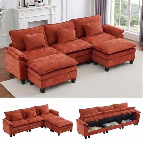 Image of IPKIG 117 inch Modular Cloud Couch with Storage, U Shaped Sectional Sofa with Ottoman & Pillow, Chenille Deep Seat Sectional Couches for Living Room, Apartment, Orange