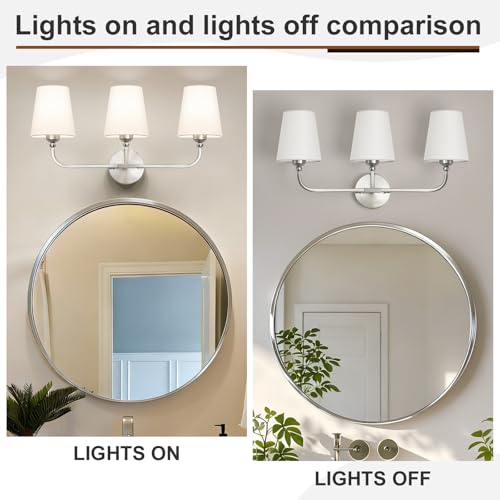 Image of Bathroom Vanity Light Brushed Nickel Bathroom Lighting Fixtures Over Mirror | 3-Light Bathroom Light Fixtures with Flared White Fabric Shade, E26 Socket (ETL Listed)
