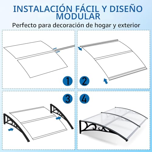 Miniatura 4 de Ansobea Marquesina Para Puerta De Casa 100x200 Cm, Techo De Policarbonato Hueco 5 Mm Con Estructura De Abs, Tejadillo Transparente, Protección Contra La Lluvia, La Nieve Y Los Rayos Uv