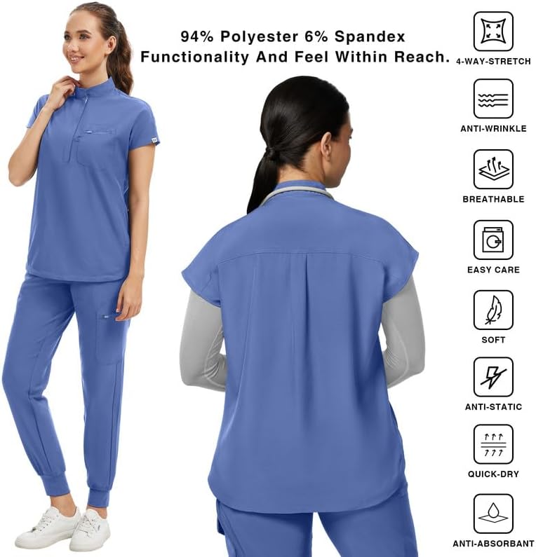 Kitmaz Women's Scrub Set - Convertible Mandarin/V-Neck Top & Jogger Pants, 9 Pockets, Wrinkle & Splash Proof