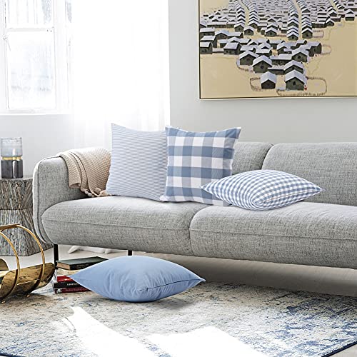 Set Of 4 Decorative Farmhouse Throw Pillow Covers Plaid Cotton Square Pillow Cases Striped Pillowcase Soft Solid Cushion Case For Sofa Bedroom Couch, 18 X 18 Inch, Light Blue #TOP3