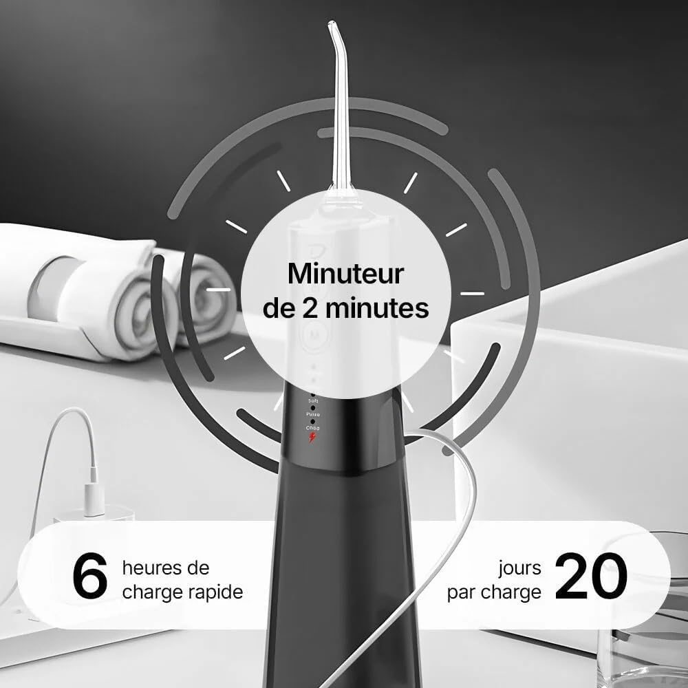 Oryzom Hydropulseur, Water Flosser for 5 modes & 4 embouts/Réservoir de 300 ml/Étanchéité IPX7 / Jet dentaire pour gencives (Blanc)