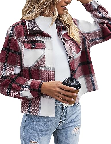 Zeagoo Flannels for Women Cropped Shacket Jacket Fashion Plaid Bu...