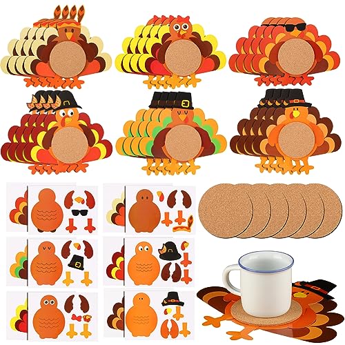 Tioncy 24 Set Turkey Coaster Craft Kit DIY Coaster Thanksgiving Craft Kit Fall Activities Fun Thanksgiving Crafts for Home Decor Party Decoration Kids