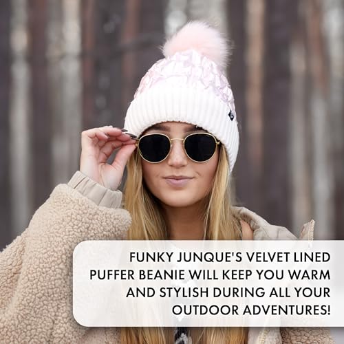 Funky Junque Women's Metallic Puffer Beanie Hat with Faux Fur Pom Pom, Fleece Lined Knit Cuff - Iridescent Pink