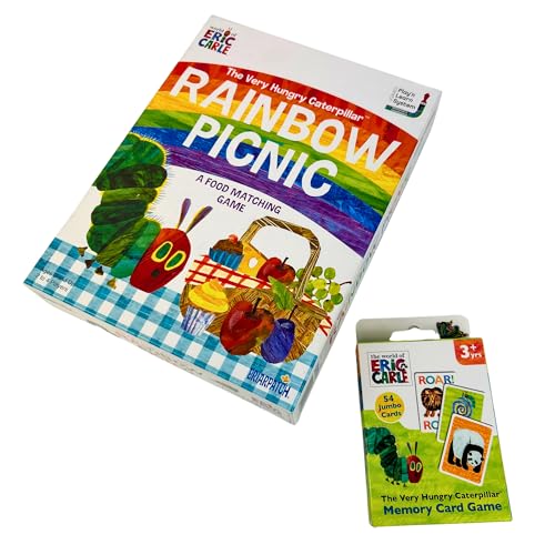 University Games The Very Hungry Caterpillar Rainbow Picnic Game & Memory Card Game Bundle – Kids Colour Matching Board Game + 54 Card Matching Game – Eric Carle Educational Toy for Toddlers Age 3+