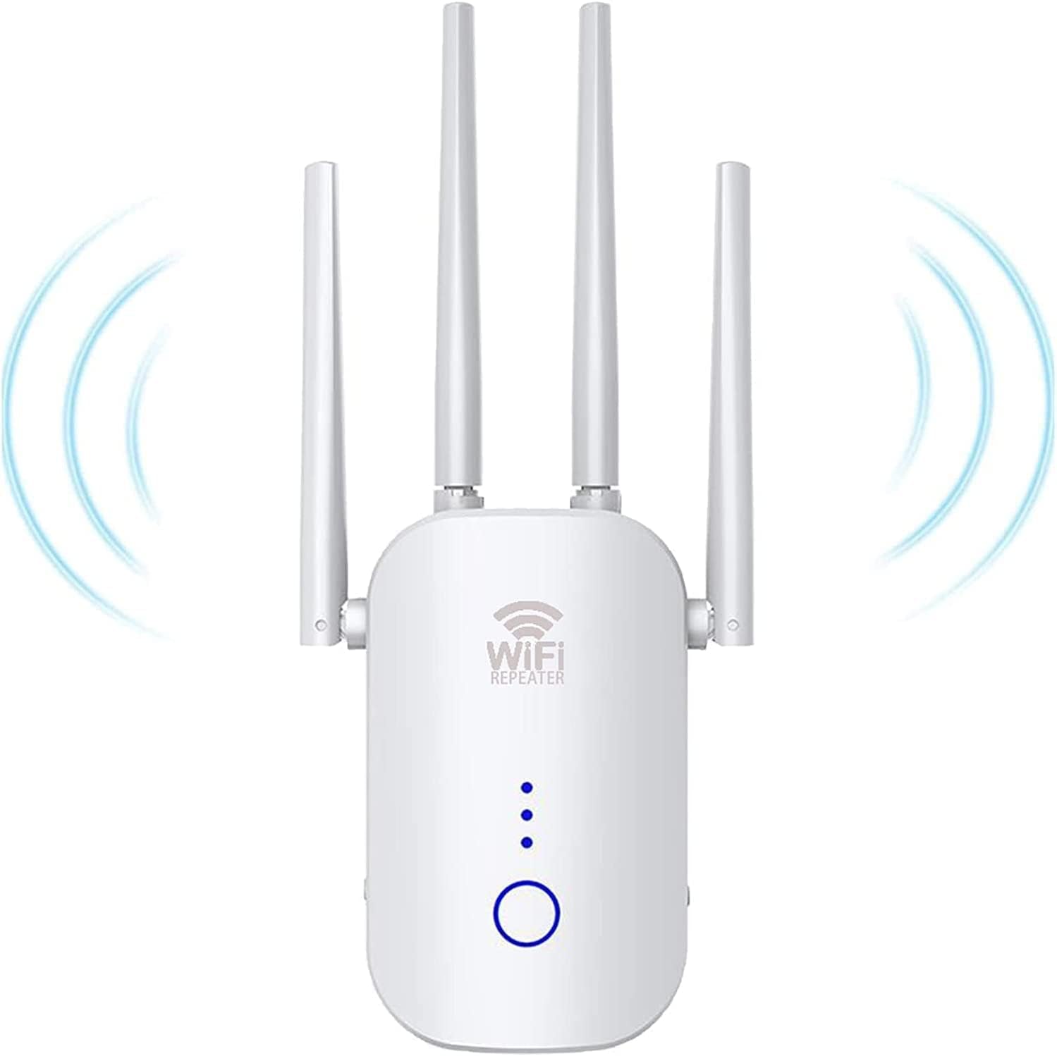 Front view of the SUPOOBE WiFi Extender with four external antennas and indicator lights.
