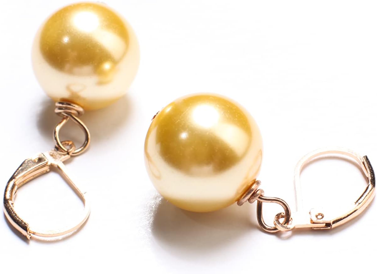 Golden Yellow South Sea Shell Pearl 14mm Large High Luster Gold Leverback Earrings, Bridal, Gift for Her