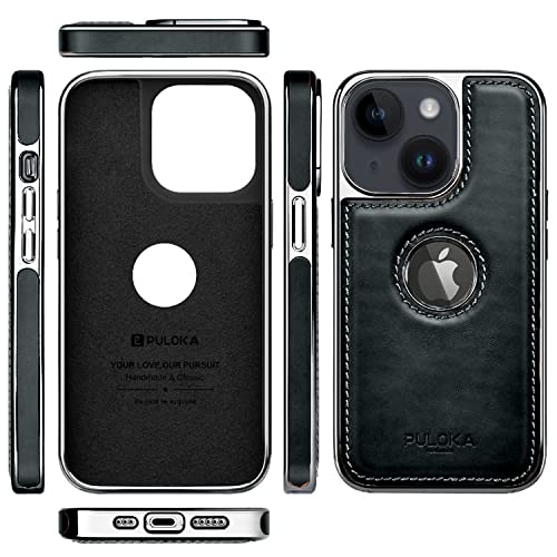Image of PULOKA Chrome Leather Back Case - Compatible with iPhone 15 - Luxury Bumper Case - Flexible Vegan Leather - Electroplated Sides & Logocut - Full Camera Protetection & Raised Edges - (Black)