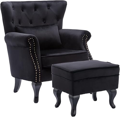 Miniatura 77 de Kmax Silla de club de terciopelo con diseño de trono copetudo de mediados de siglo, asiento acolchado, patas de madera, para el hogar, club, Tela