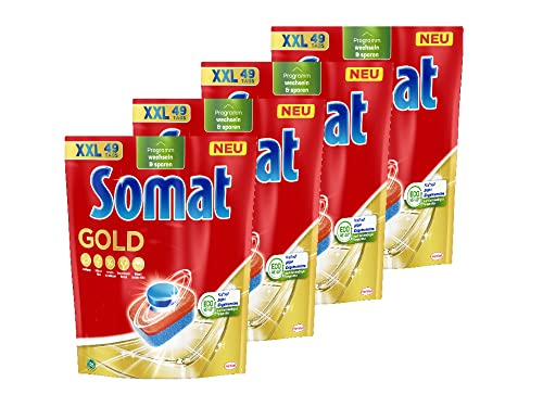 Somat Pastillas doradas para lavavajillas (4 x 49 pastas), pastillas para lavar platos brillantes y limpios incluso a bajas temperaturas, fuerza extra contra quemados