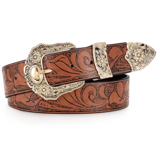Western Leather Belts for Women Men Vintage Brown Cowboy Cowgirl Belt with Embosses Gold Pin Buckle for Jeans Dress