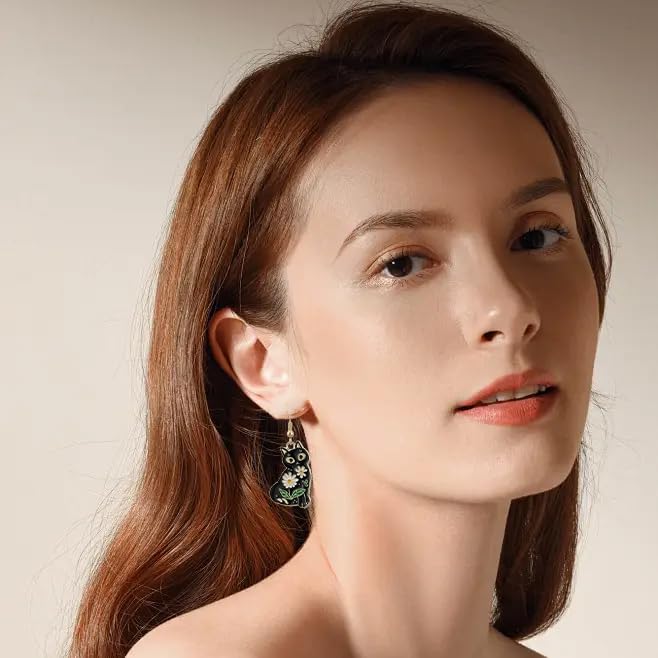 Cute Cat Earrings for Women Flower Dangle Earrings for Cat Lover Jewelry Gifts (black)3