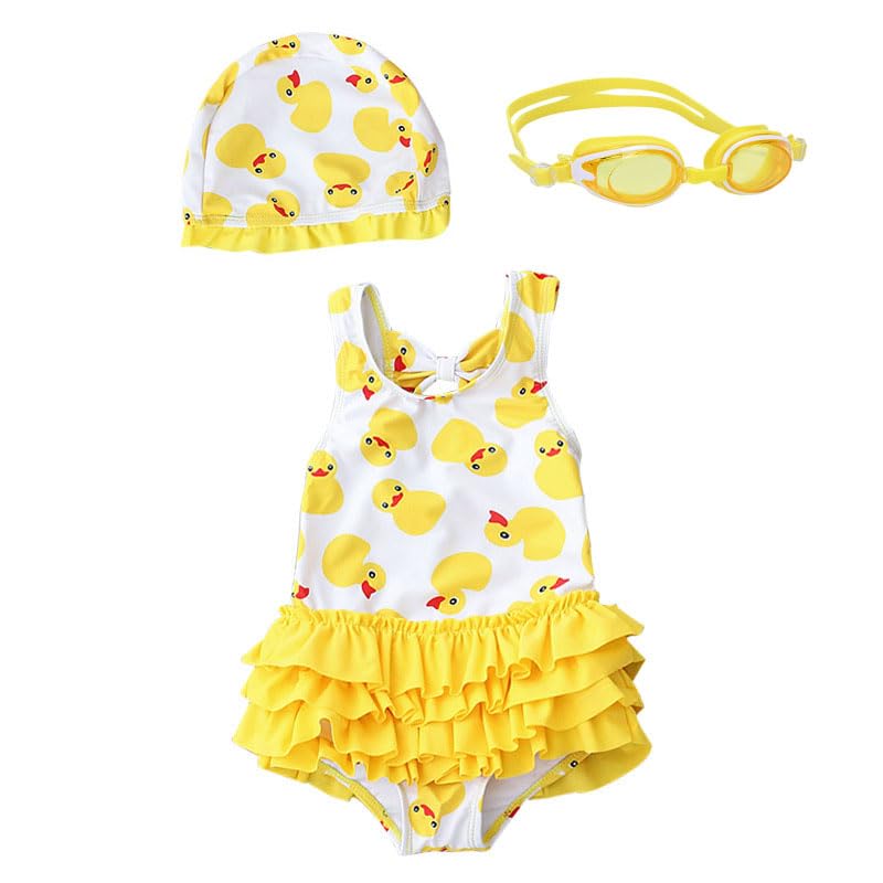 ALANTOP Traje de baño de una pieza para niñas, bonito estampado de pato amarillo, dobladillo con volantes para playa, fiestas en la piscina y vacaciones de verano, Traje de baño, gorra y gafas, 6-7