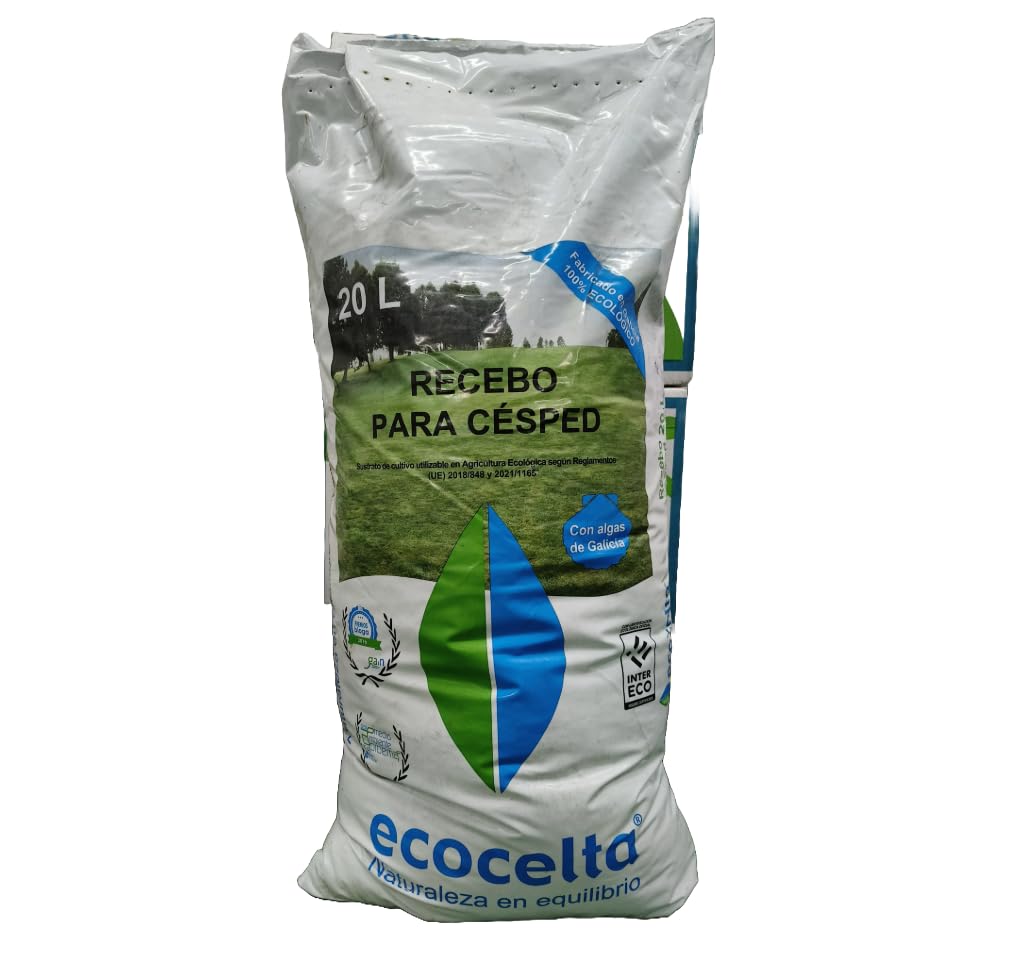 Recebo para cesped 20L - Ecocelta. Elaborado con Algas y Arena de silice. Ideal para siembra y Mantenimiento cesped. Ecológico.